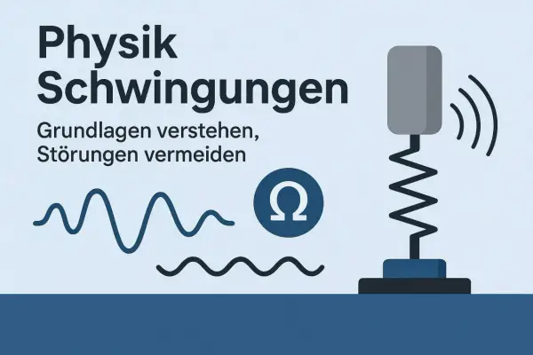 Grafik zu "Physik: Schwingungen". Wellenlinien und ein schwingendes Objekt illustrieren die **Bewegung Physik**. Das Omega-Symbol steht für die Frequenz.